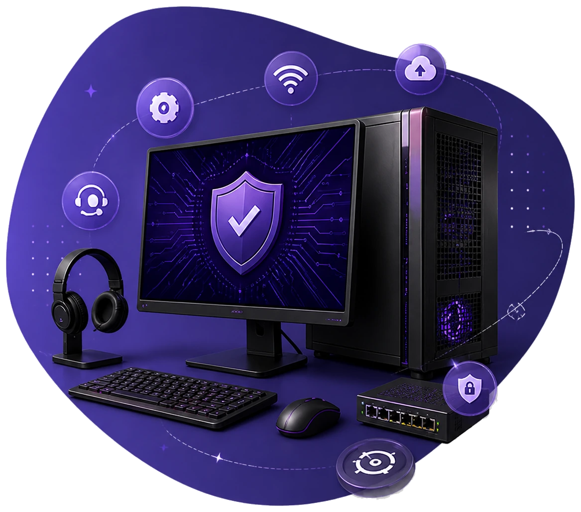 Poste informatique sécurisé, réseau, casque support et tour pour maintenance informatique