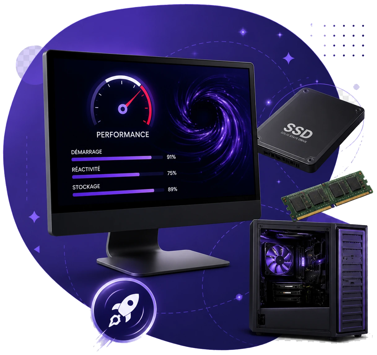 Écran de performance, SSD, RAM et ordinateur pour optimiser un ordinateur lent
