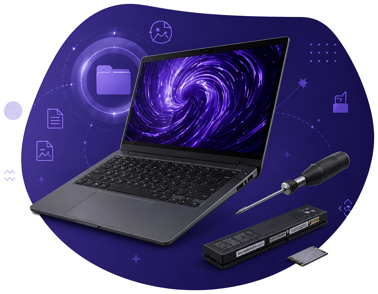 PC portable ouvert, tournevis, batterie et composant pour une réparation laptop