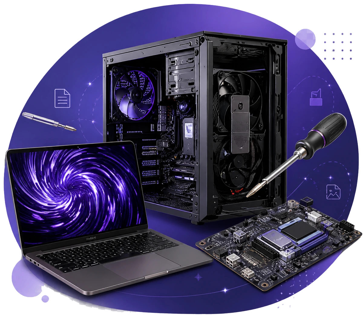 Ordinateur portable, carte graphique et tournevis sur fond violet ORDISIM